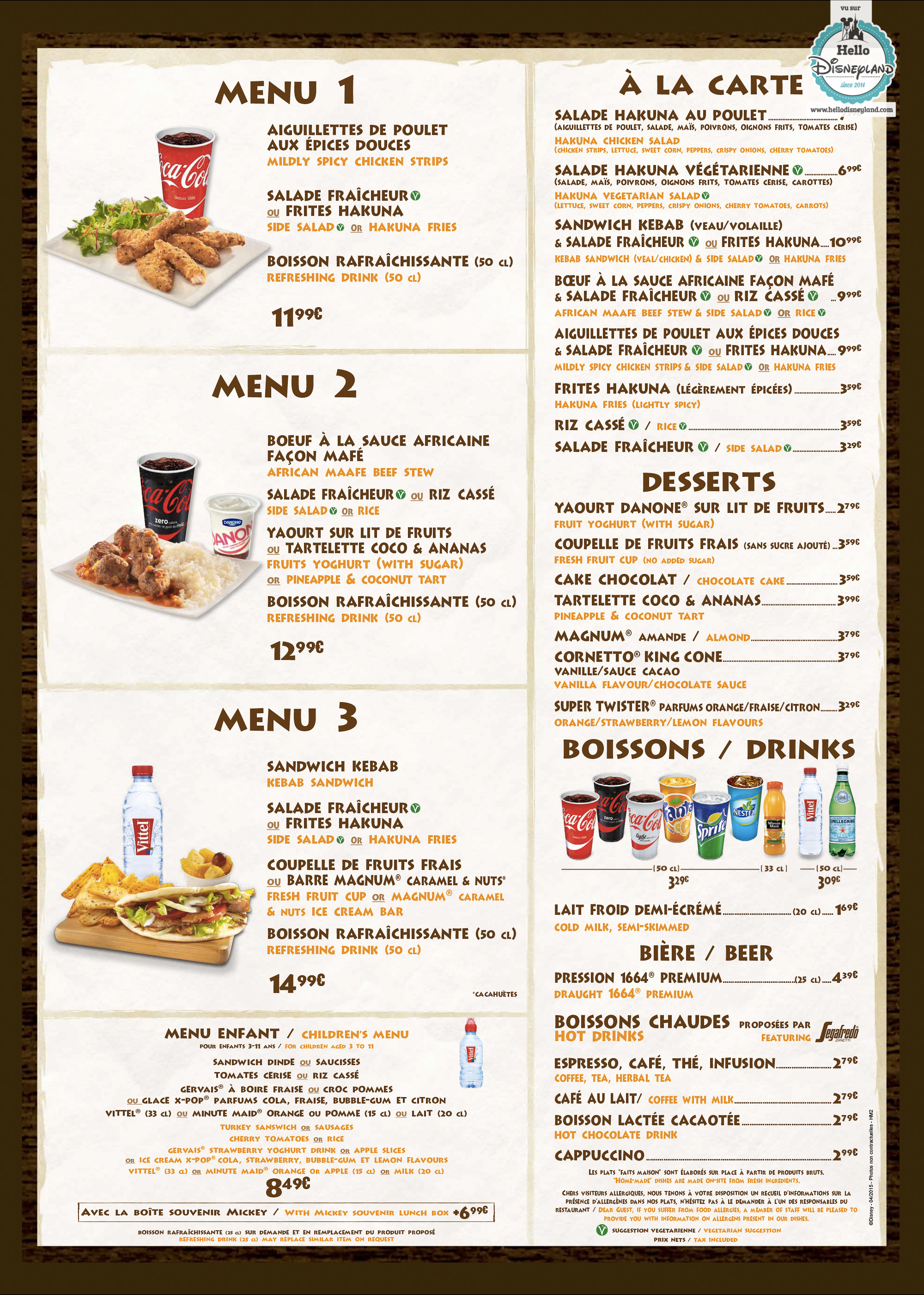 Parcs Disney et Disney Village Menus & Cartes des restaurants de