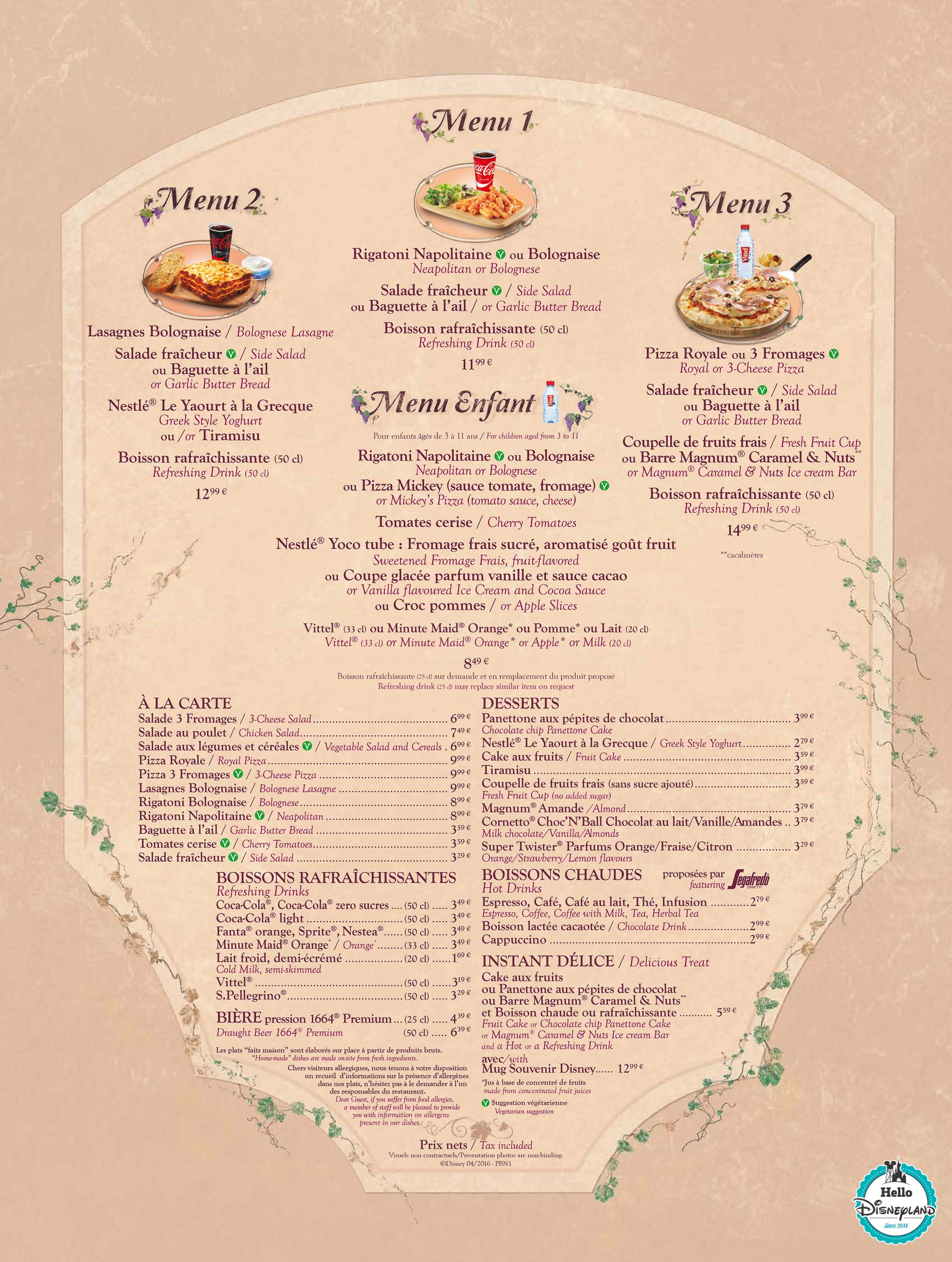 Parcs Disney et Disney Village Menus & Cartes des restaurants de