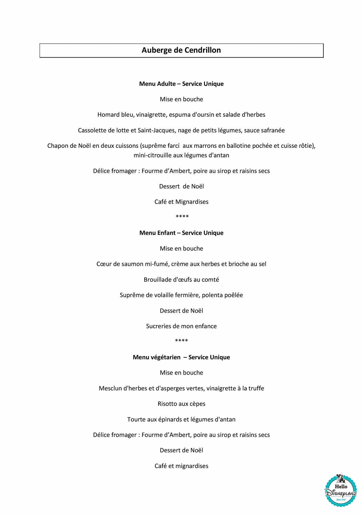 Menu réveillon de Noël Disneyland Paris