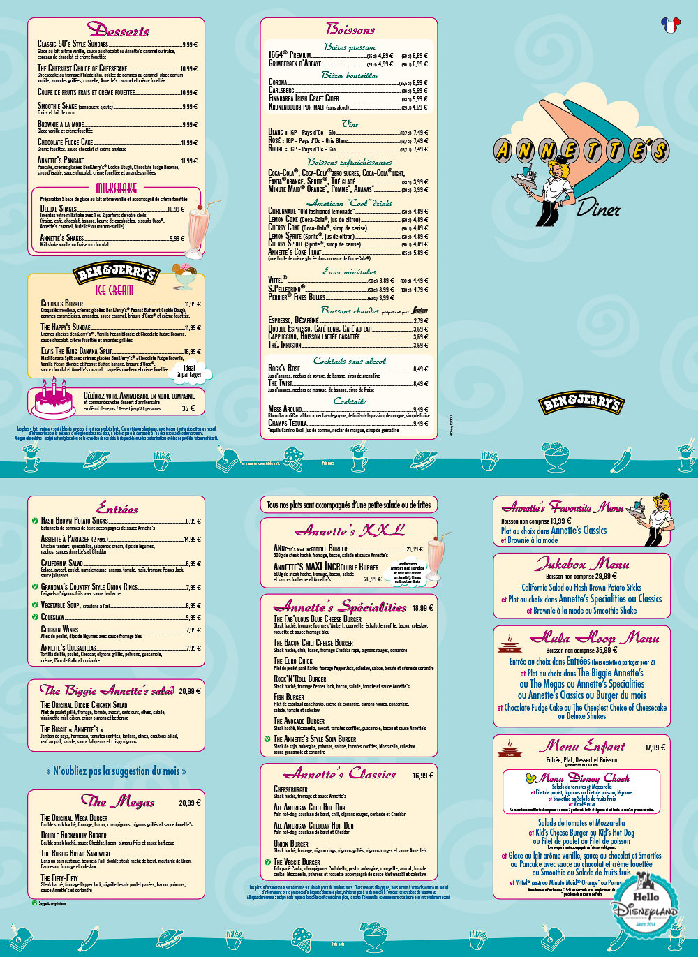 Menus Annette's Diner Disneyland Paris