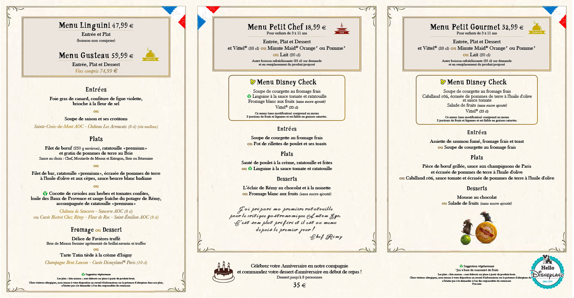 Menus bistrot chez Rémy Disneyland Paris