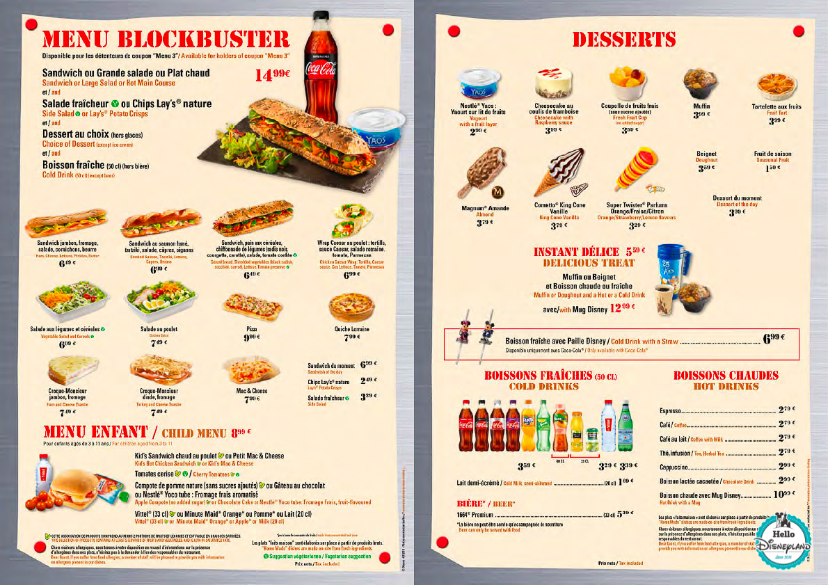 Menus Disney Blockbuster Café Disneyland Paris