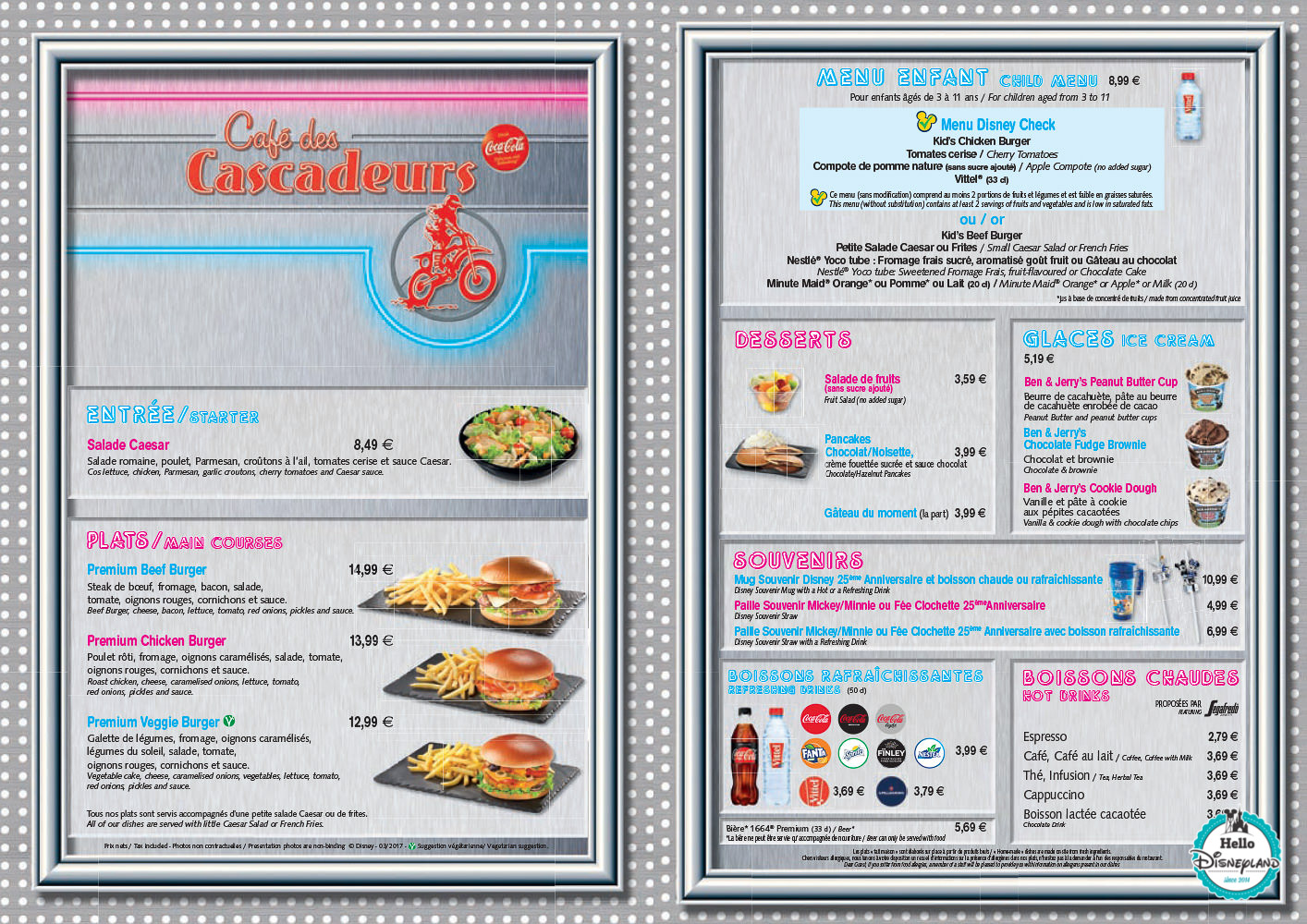 Menus Café des Cascadeurs Disneyland Paris