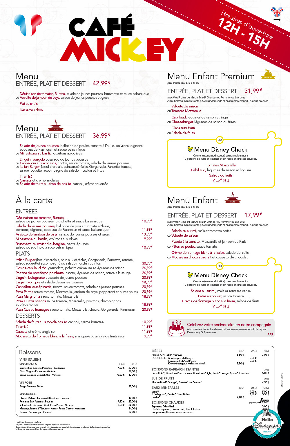 Menus Café Mickey Disneyland Paris