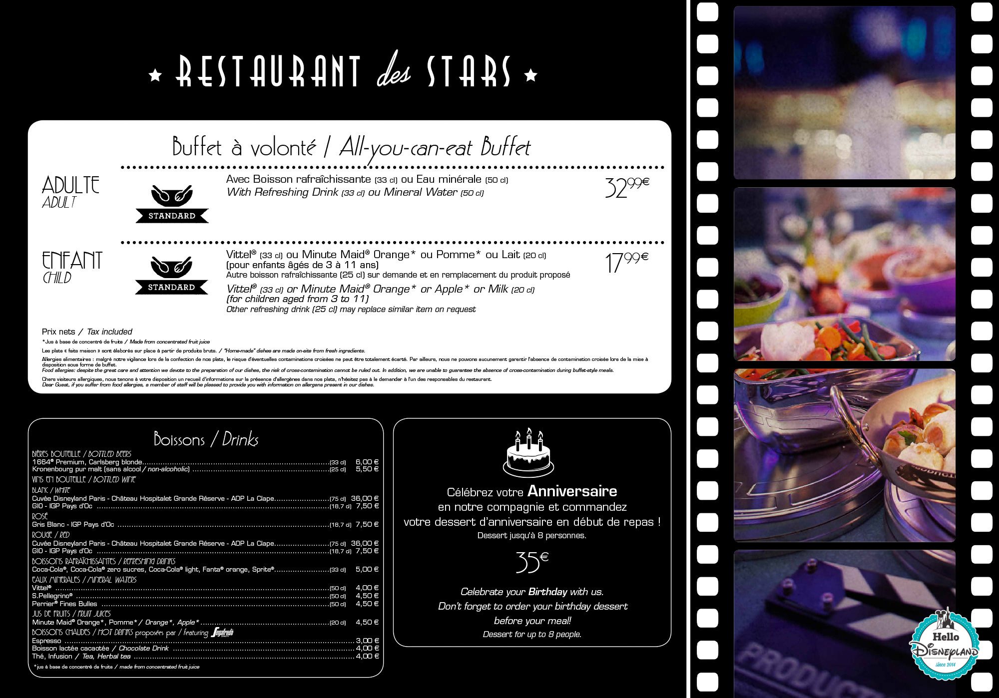 Menus Restaurant des Stars Disneyland Paris