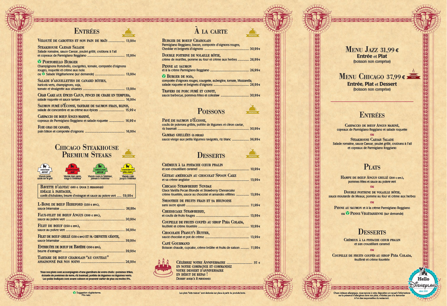 Menus Steakhouse Disney Village Disneyland Paris