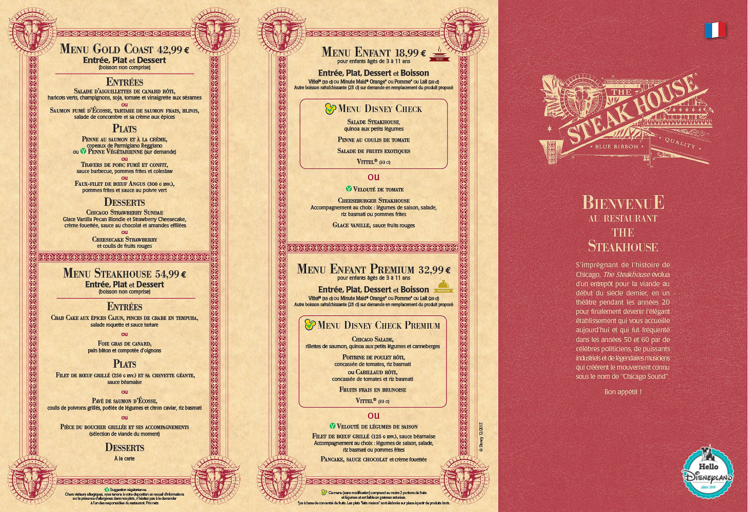 Menus Steakhouse Disney Village Disneyland Paris