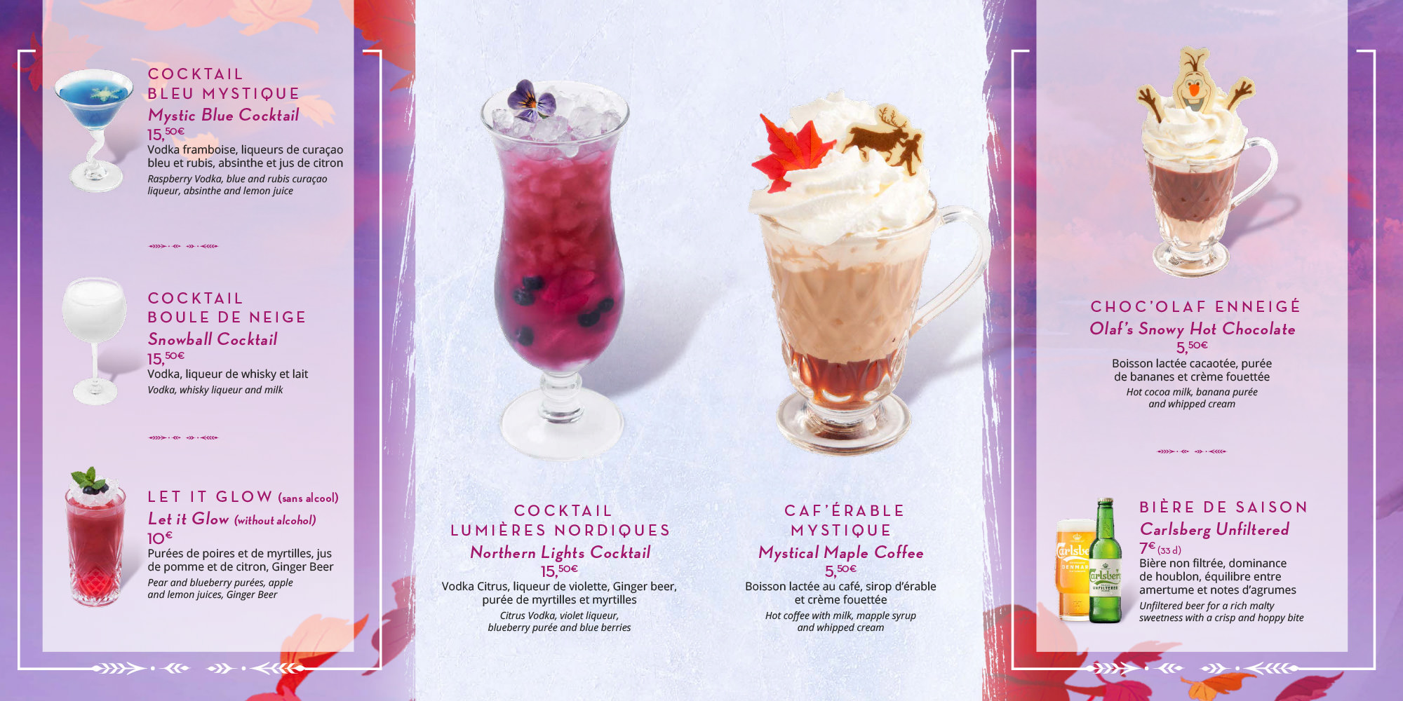 menu cocktails reines des neiges bars de Disneyland Paris