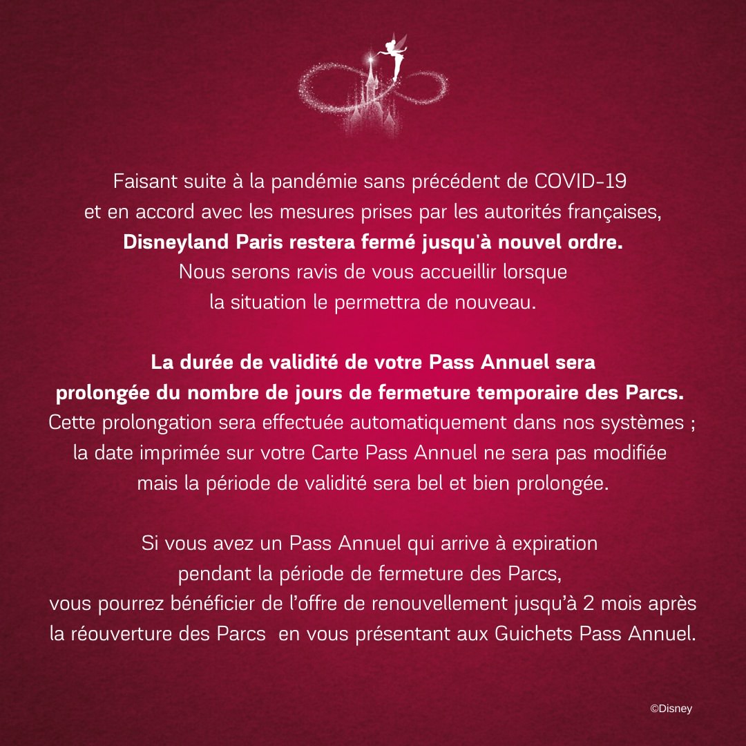 Pass annuel fermeture Disneyland Paris annonce