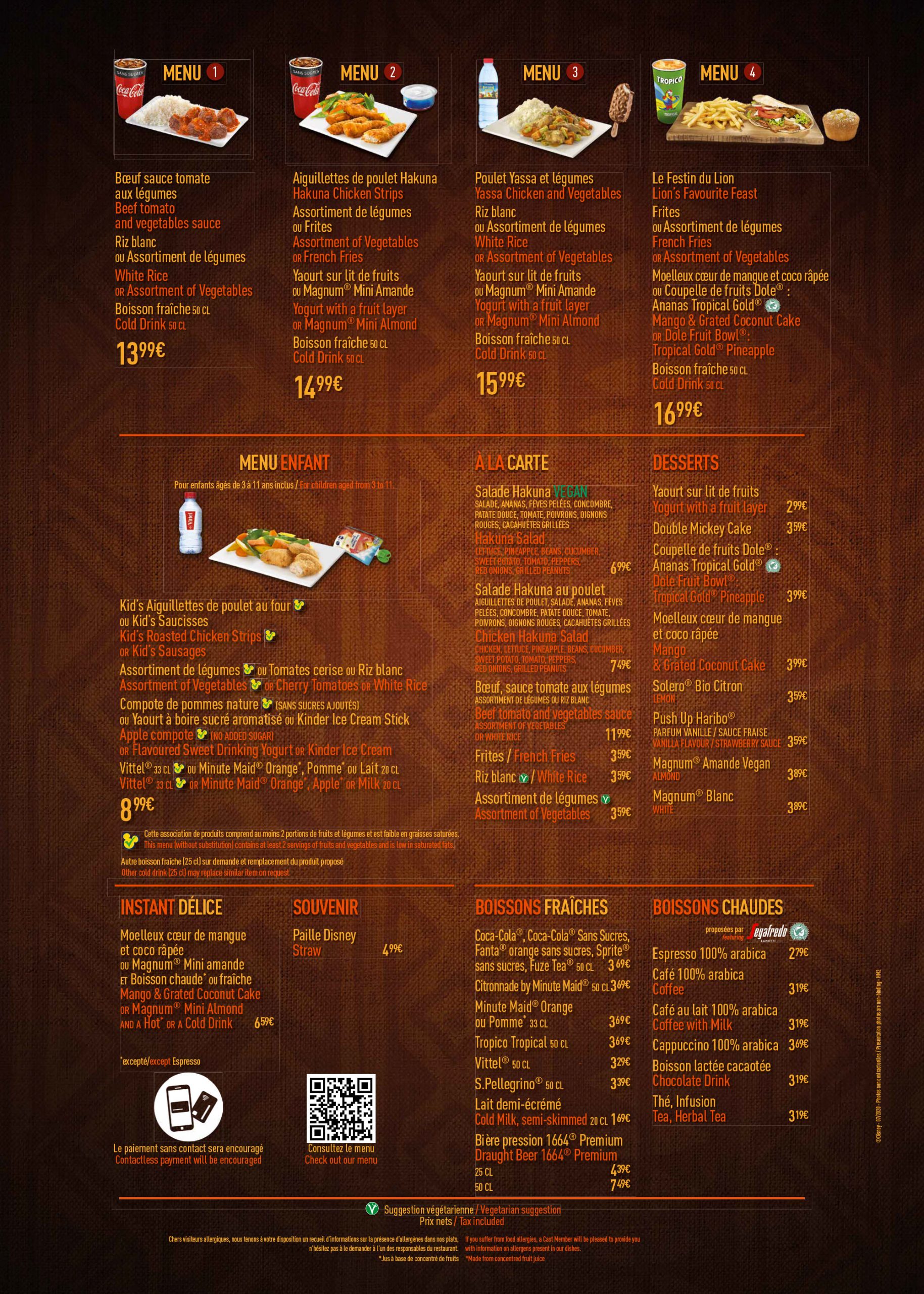 Parcs Disney et Disney Village Menus & Cartes des restaurants de
