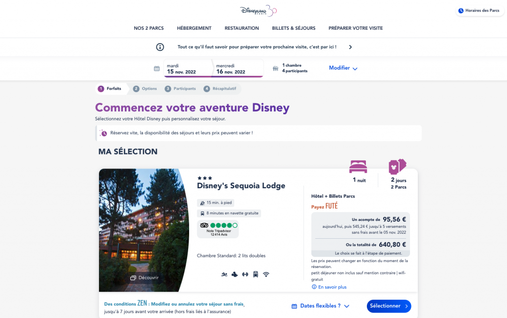Prix sequoia lodge Noël 2022 Disneyland Paris