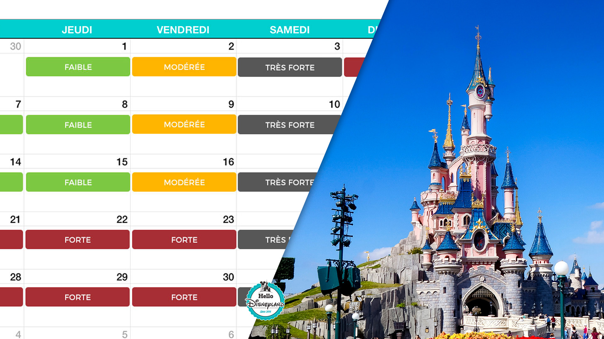 Calendrier d'affluence 2024 - 2025 à Disneyland Paris